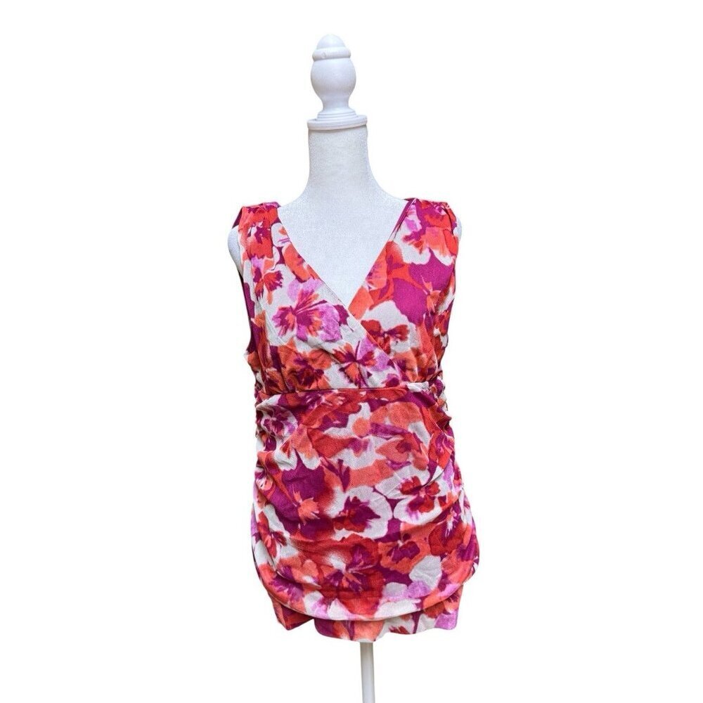 ELLE Floral Sleeveless Blouse Size L Pink Orange Surplice V-Neck Draped Waist